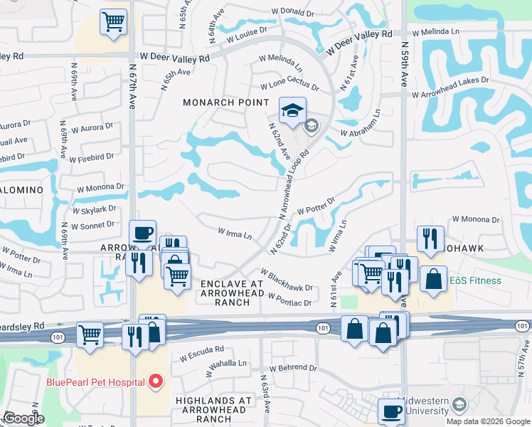map of restaurants, bars, coffee shops, grocery stores, and more near 6333 West Potter Drive in Glendale