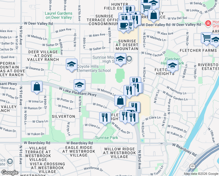 map of restaurants, bars, coffee shops, grocery stores, and more near 20902 North 85th Drive in Peoria