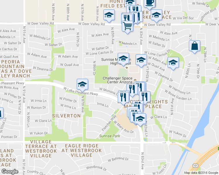 map of restaurants, bars, coffee shops, grocery stores, and more near 20902 North 85th Drive in Peoria
