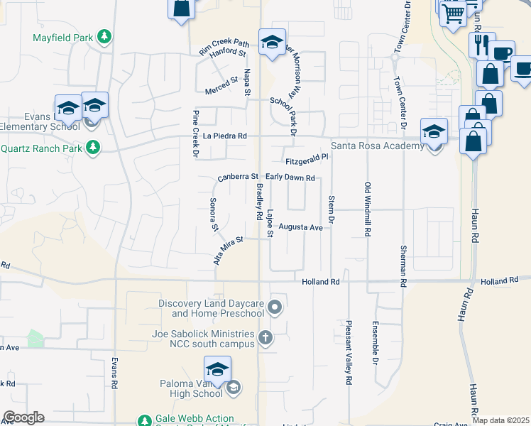 map of restaurants, bars, coffee shops, grocery stores, and more near 30779 Lajoe Street in Menifee