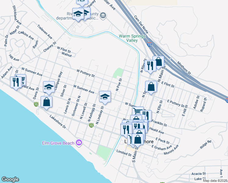 map of restaurants, bars, coffee shops, grocery stores, and more near 505 West Sumner Avenue in Lake Elsinore
