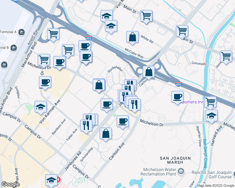 map of restaurants, bars, coffee shops, grocery stores, and more near 3710 Rivington in Irvine