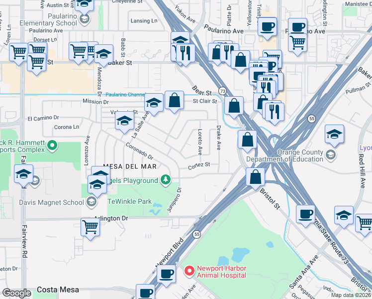 map of restaurants, bars, coffee shops, grocery stores, and more near 908 Magellan Street in Costa Mesa