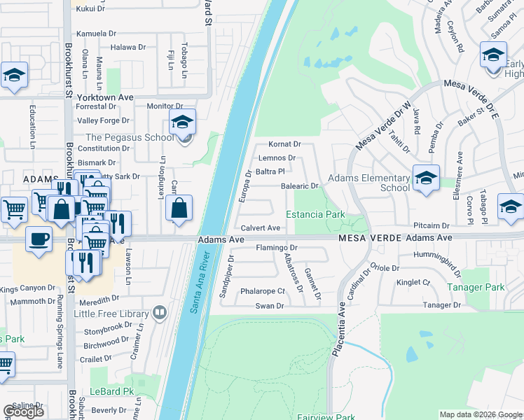 map of restaurants, bars, coffee shops, grocery stores, and more near 2023 South Capella Court in Costa Mesa