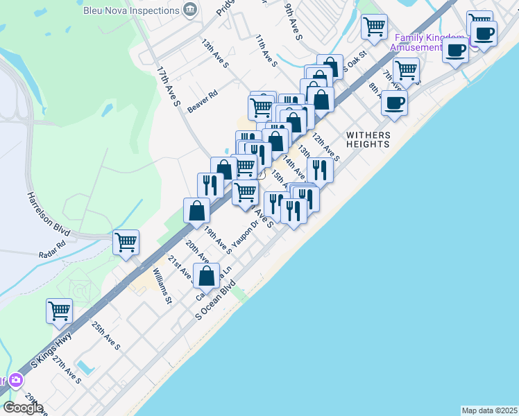 map of restaurants, bars, coffee shops, grocery stores, and more near 1600 South Ocean Boulevard in Myrtle Beach