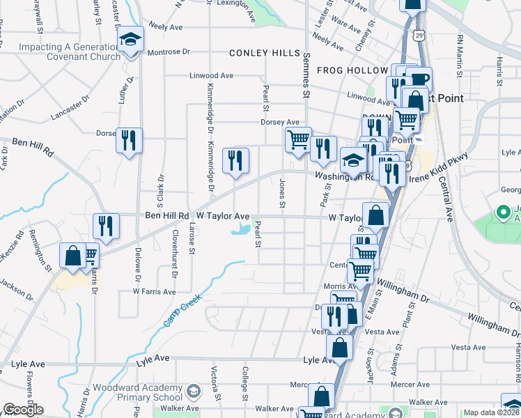 map of restaurants, bars, coffee shops, grocery stores, and more near 1877 West Taylor Avenue in East Point