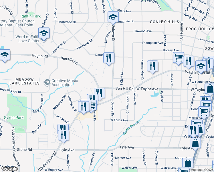 map of restaurants, bars, coffee shops, grocery stores, and more near 2131 Ben Hill Road in East Point