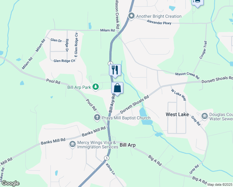 map of restaurants, bars, coffee shops, grocery stores, and more near Bill Arp Road in Douglasville