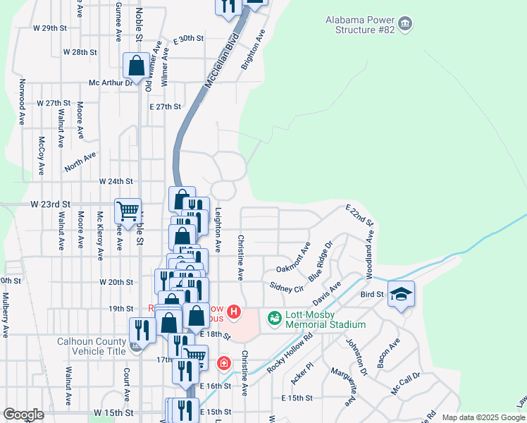 map of restaurants, bars, coffee shops, grocery stores, and more near 430 East 23rd Street in Anniston