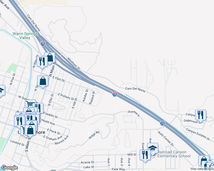 map of restaurants, bars, coffee shops, grocery stores, and more near 2 Camino Del Norte in Lake Elsinore