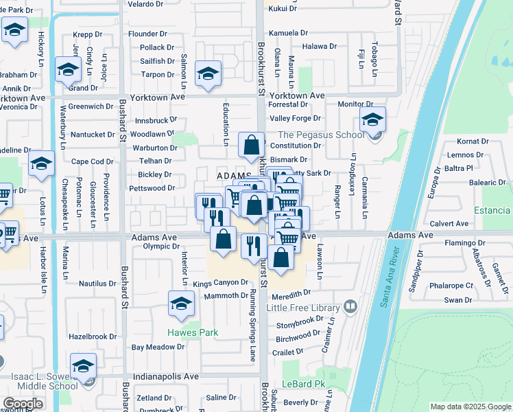 map of restaurants, bars, coffee shops, grocery stores, and more near 19880 Berkshire Lane in Huntington Beach