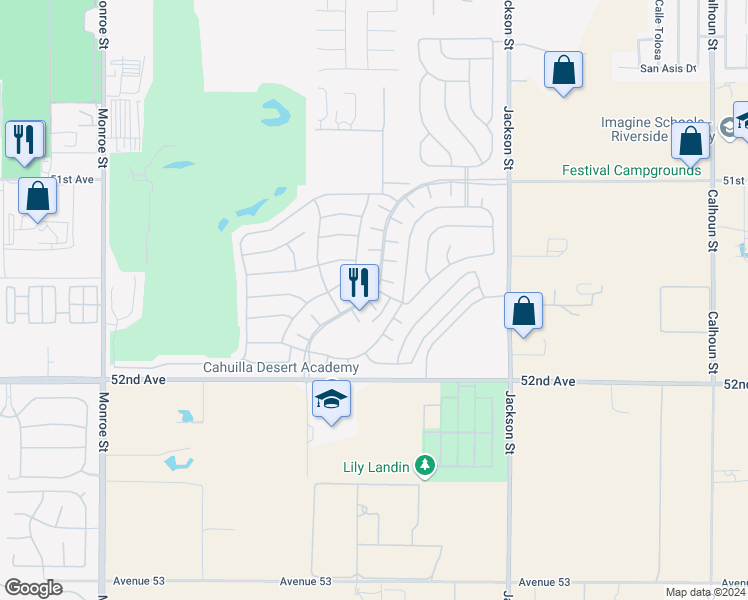 map of restaurants, bars, coffee shops, grocery stores, and more near 51600 Rainwater Court in Indio