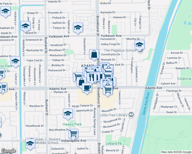 map of restaurants, bars, coffee shops, grocery stores, and more near 19880 Berkshire Lane in Huntington Beach