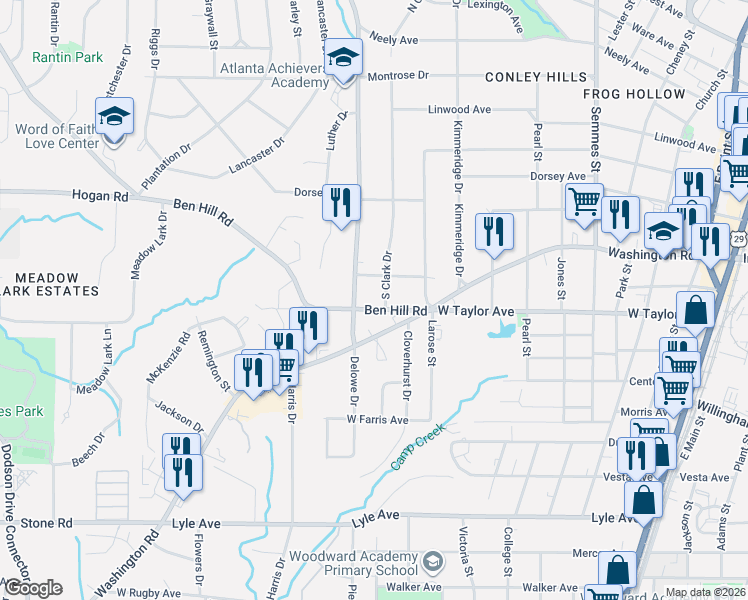 map of restaurants, bars, coffee shops, grocery stores, and more near 2092 Ben Hill Road in East Point