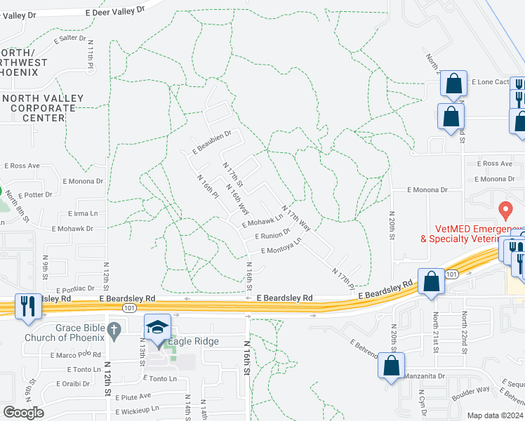 map of restaurants, bars, coffee shops, grocery stores, and more near 20622 North 17th Street in Phoenix
