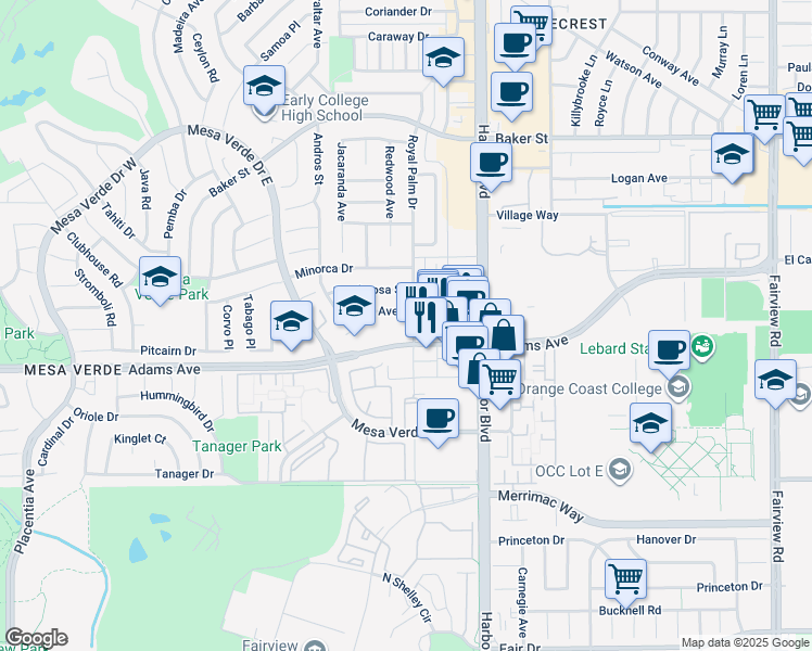 map of restaurants, bars, coffee shops, grocery stores, and more near 2803 Royal Palm Drive in Costa Mesa