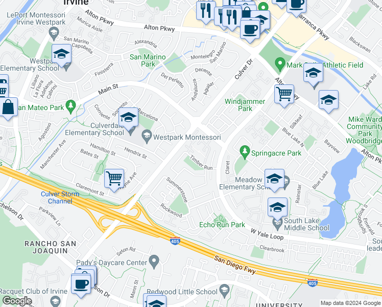 map of restaurants, bars, coffee shops, grocery stores, and more near 68 Timber Run in Irvine