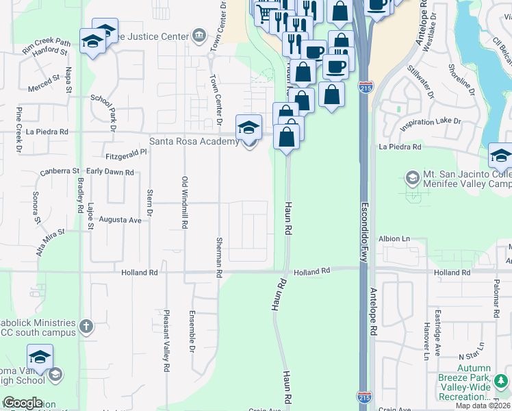 map of restaurants, bars, coffee shops, grocery stores, and more near 27545 Cloudy Peak Way in Menifee