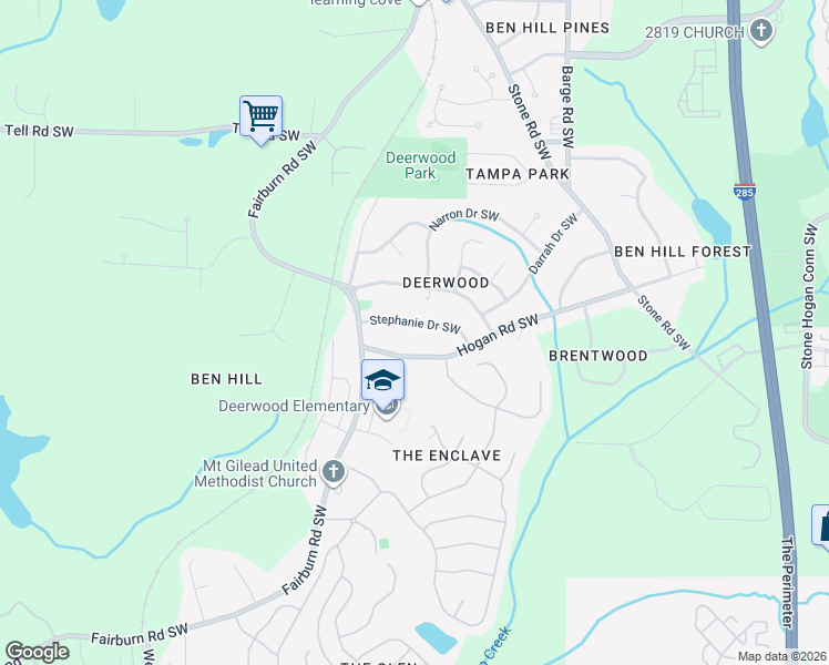 map of restaurants, bars, coffee shops, grocery stores, and more near 3786 Stephanie Drive Southwest in Atlanta