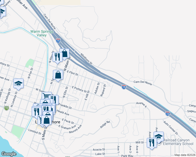 map of restaurants, bars, coffee shops, grocery stores, and more near 505 Adobe Street in Lake Elsinore
