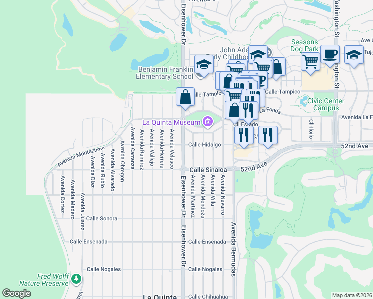 map of restaurants, bars, coffee shops, grocery stores, and more near 51540 Eisenhower Drive in La Quinta