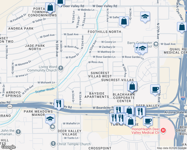 map of restaurants, bars, coffee shops, grocery stores, and more near 3201 West Mohawk Lane in Phoenix
