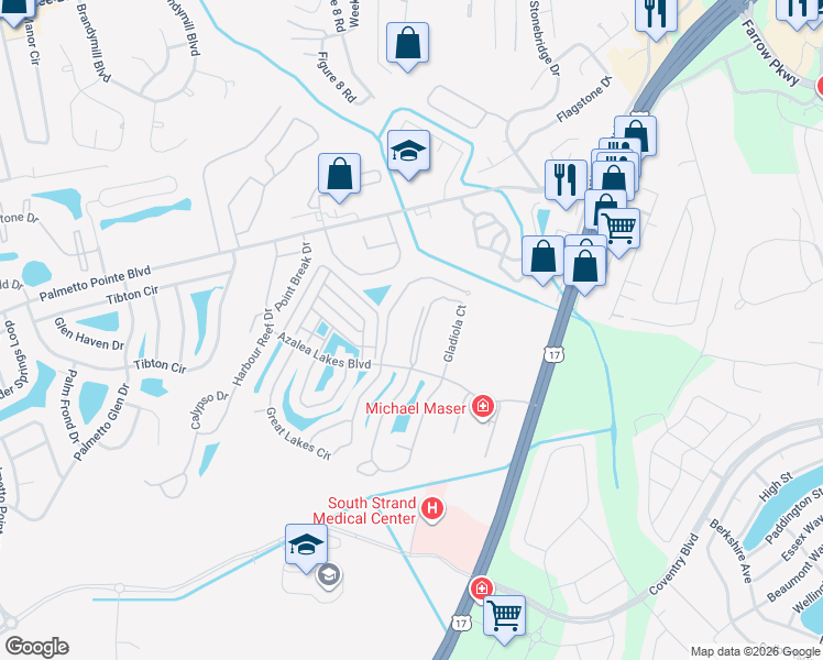 map of restaurants, bars, coffee shops, grocery stores, and more near 3951 Gladiola Court in Myrtle Beach