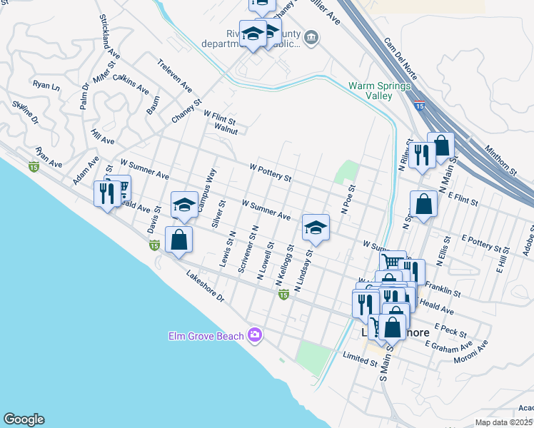 map of restaurants, bars, coffee shops, grocery stores, and more near 806 West Sumner Avenue in Lake Elsinore