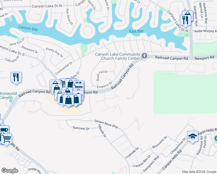 map of restaurants, bars, coffee shops, grocery stores, and more near 30938 Emperor Drive in Canyon Lake