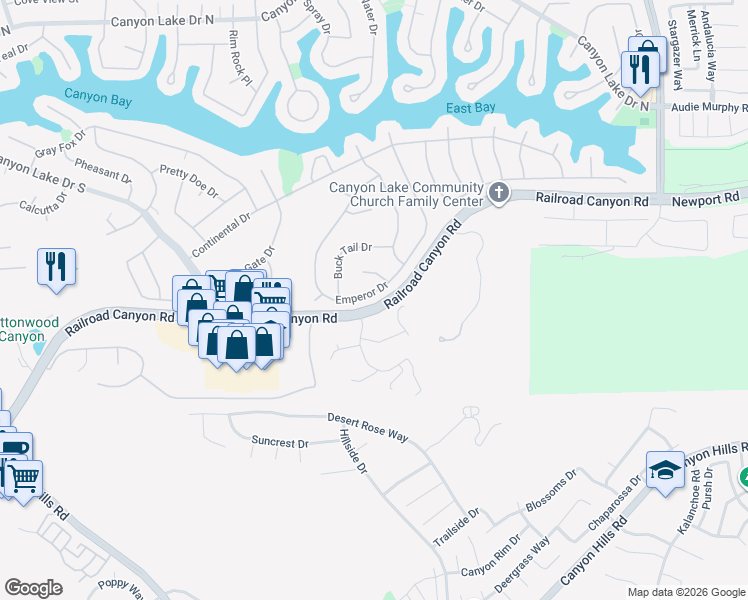 map of restaurants, bars, coffee shops, grocery stores, and more near 30938 Emperor Dr in Canyon Lake