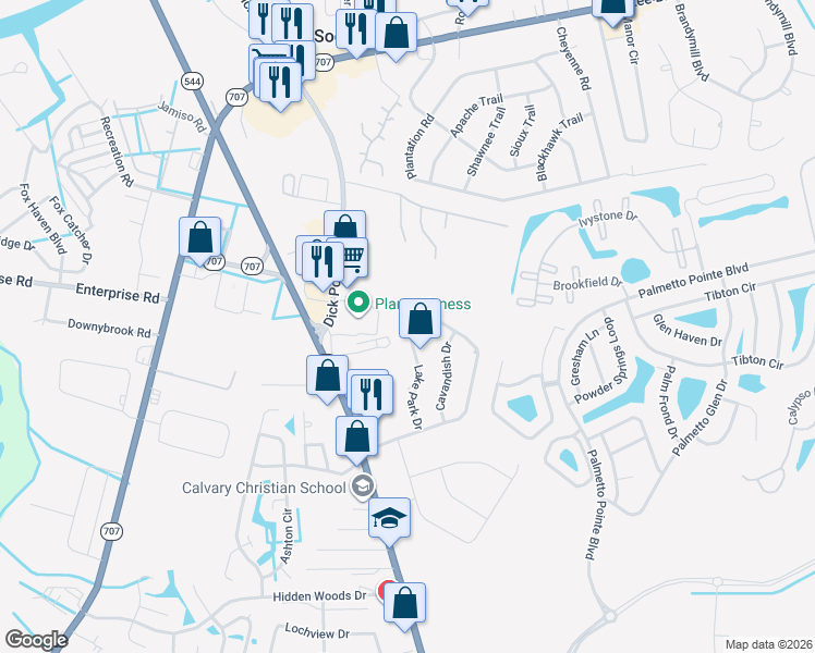 map of restaurants, bars, coffee shops, grocery stores, and more near 516 Lake Park Drive in Myrtle Beach