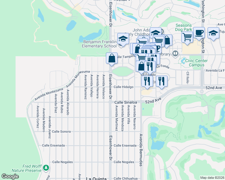 map of restaurants, bars, coffee shops, grocery stores, and more near 51540 Eisenhower Drive in La Quinta