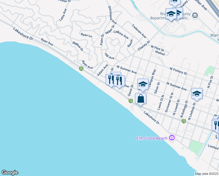 map of restaurants, bars, coffee shops, grocery stores, and more near 1800 Lakeshore Drive in Lake Elsinore