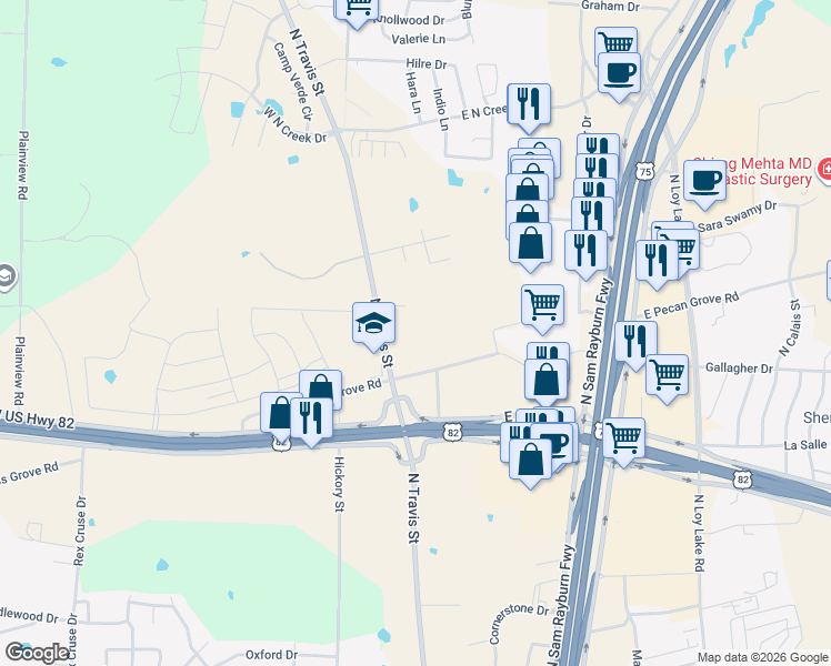 map of restaurants, bars, coffee shops, grocery stores, and more near 211 East Canyon Grove Road in Sherman