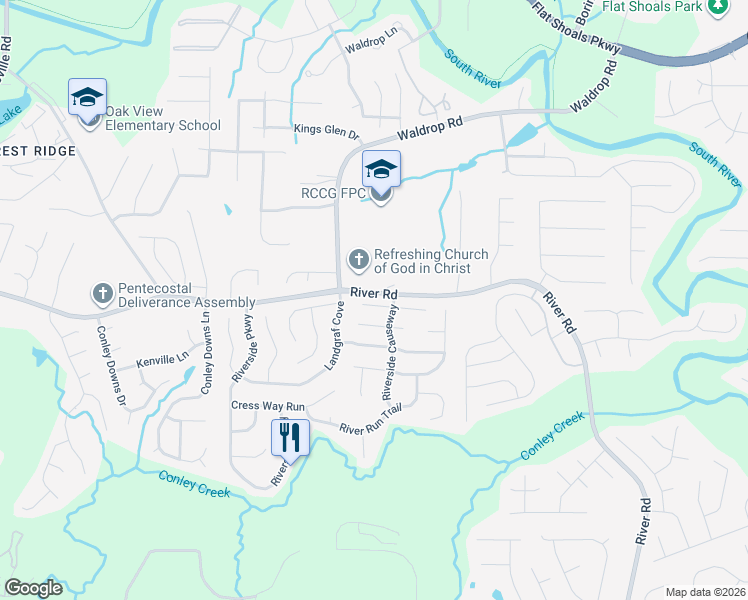map of restaurants, bars, coffee shops, grocery stores, and more near 3241 Deer Pause Lane in Decatur