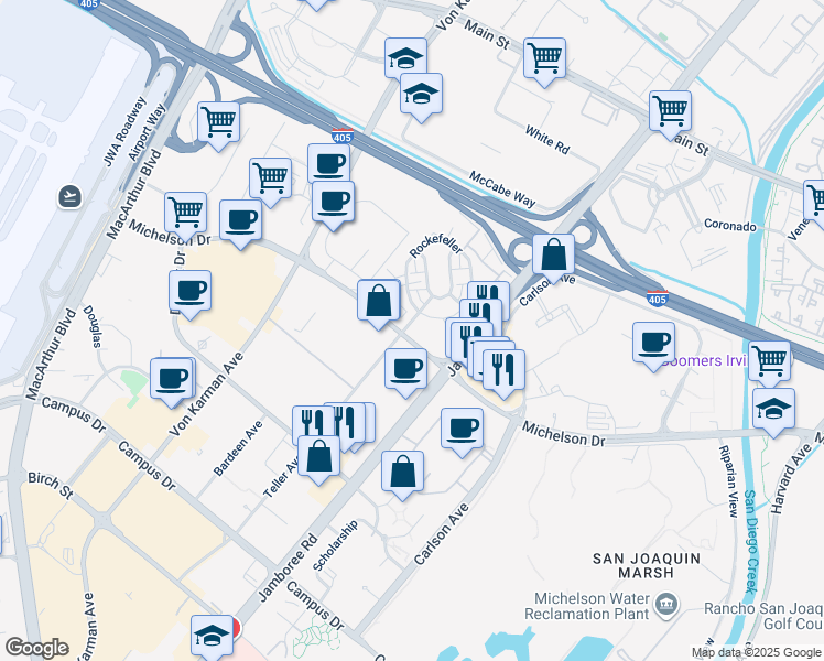 map of restaurants, bars, coffee shops, grocery stores, and more near 1509 Rivington in Irvine