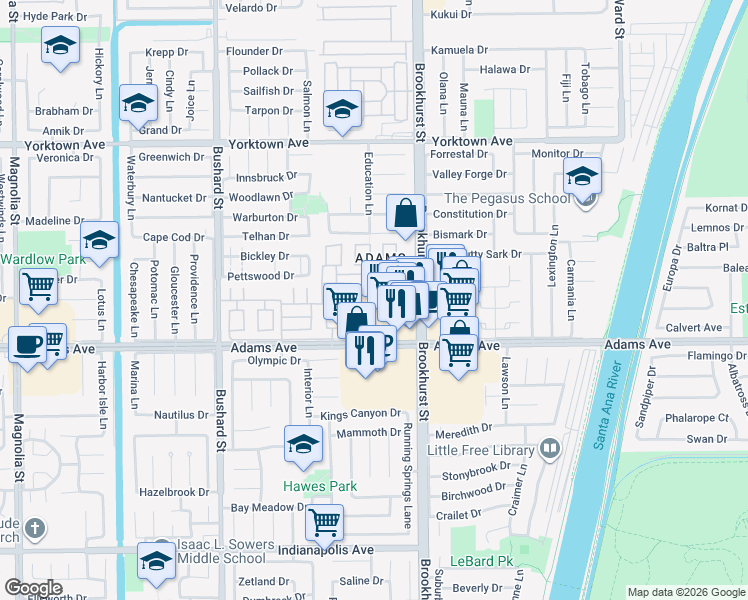 map of restaurants, bars, coffee shops, grocery stores, and more near 9867 Cornwall Drive in Huntington Beach