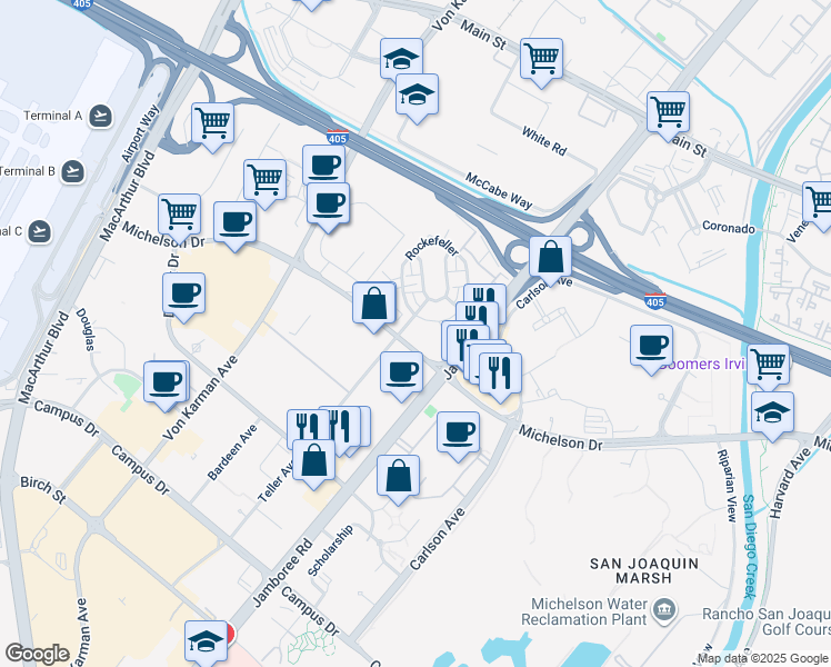 map of restaurants, bars, coffee shops, grocery stores, and more near 1702 Rivington in Irvine