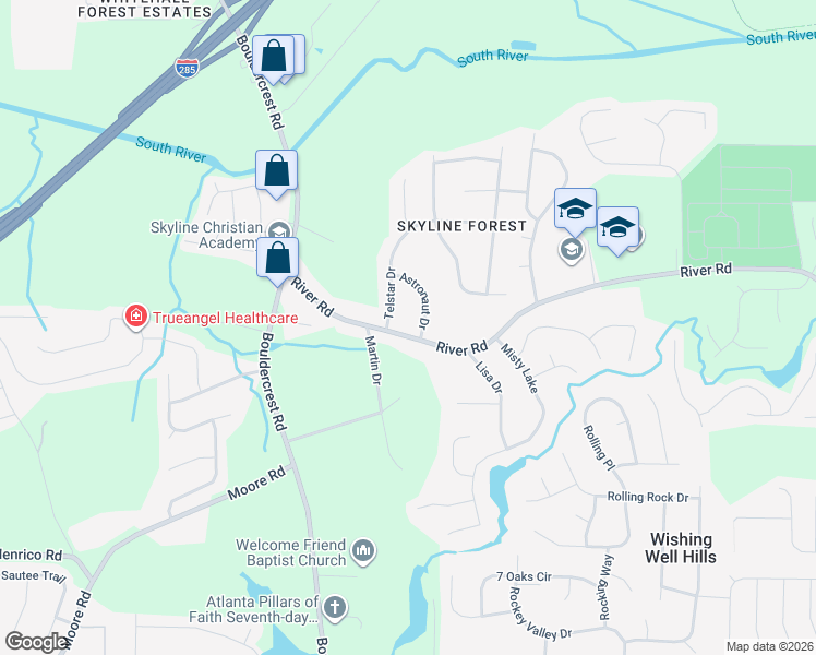 map of restaurants, bars, coffee shops, grocery stores, and more near 2132 River Road in Ellenwood