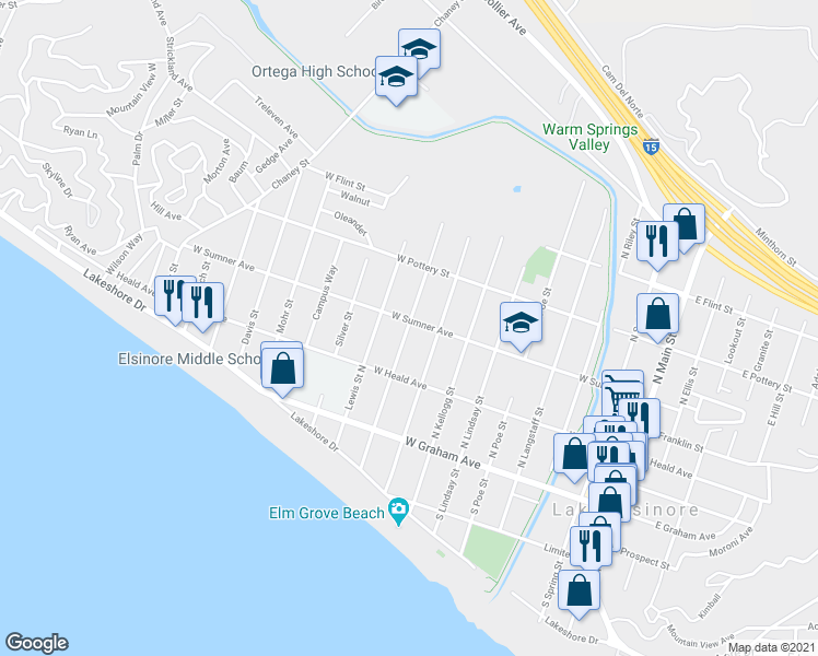 map of restaurants, bars, coffee shops, grocery stores, and more near Scrivener Street North in Lake Elsinore