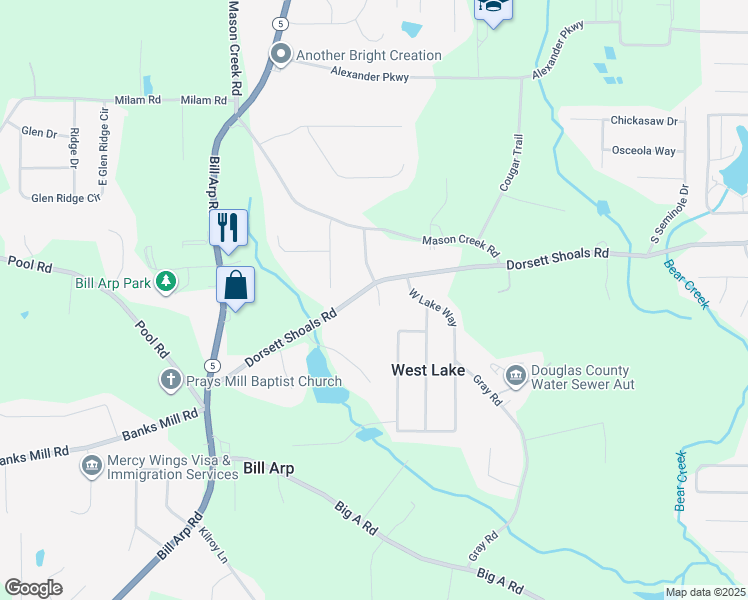 map of restaurants, bars, coffee shops, grocery stores, and more near 4870 Panola Court in Douglasville