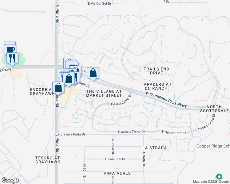 map of restaurants, bars, coffee shops, grocery stores, and more near 9239 East Hoverland Road in Scottsdale