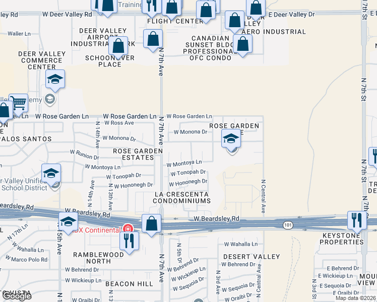 map of restaurants, bars, coffee shops, grocery stores, and more near 20601 North 5th Avenue in Phoenix