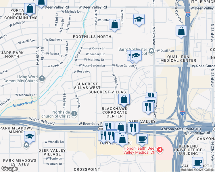 map of restaurants, bars, coffee shops, grocery stores, and more near 3046 West Mohawk Lane in Phoenix