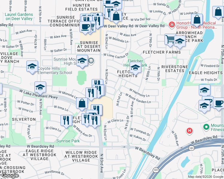 map of restaurants, bars, coffee shops, grocery stores, and more near 8210 West Beaubien Drive in Peoria