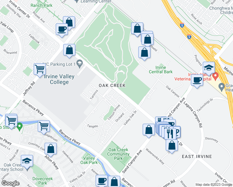 map of restaurants, bars, coffee shops, grocery stores, and more near 76 Tangerine in Irvine