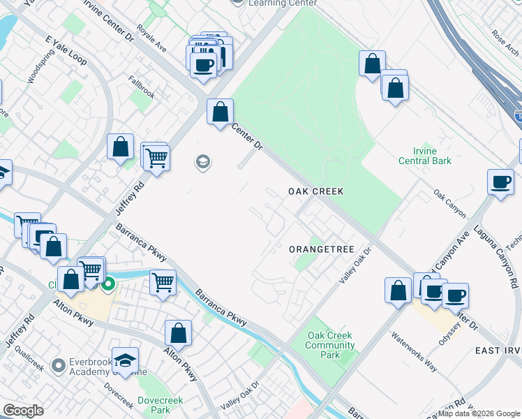 map of restaurants, bars, coffee shops, grocery stores, and more near 261 Tarocco in Irvine