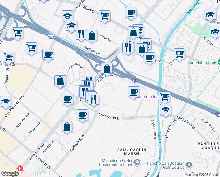 map of restaurants, bars, coffee shops, grocery stores, and more near Unnamed Road in Irvine