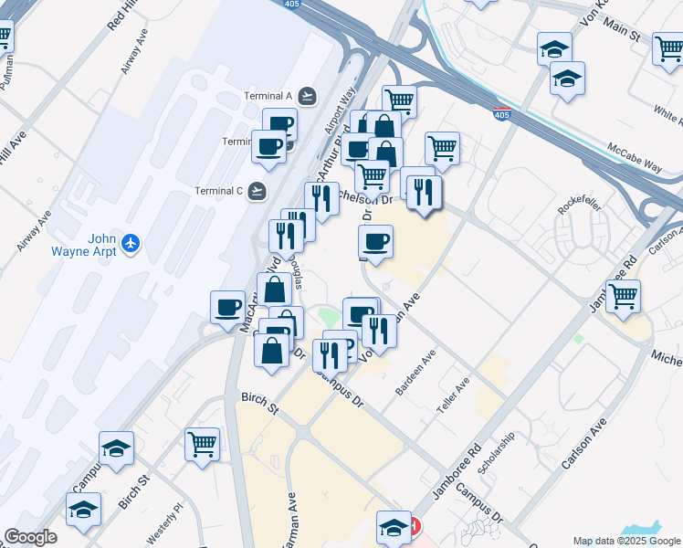 map of restaurants, bars, coffee shops, grocery stores, and more near 2233 Martin in Irvine