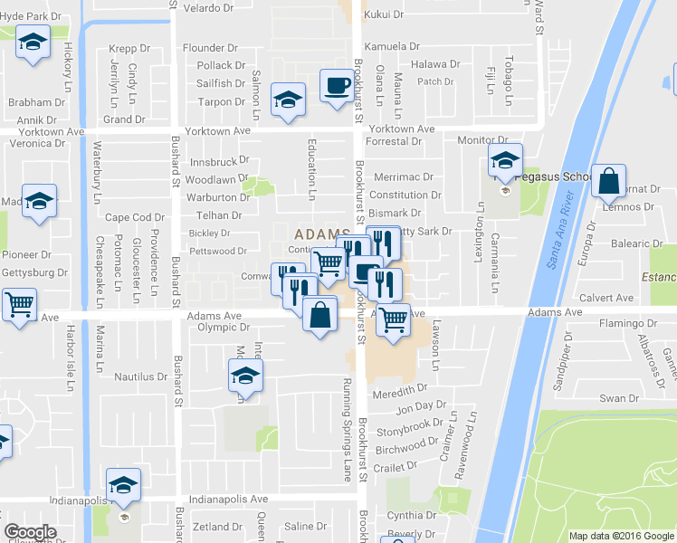 map of restaurants, bars, coffee shops, grocery stores, and more near 9861 Adams Avenue in Huntington Beach